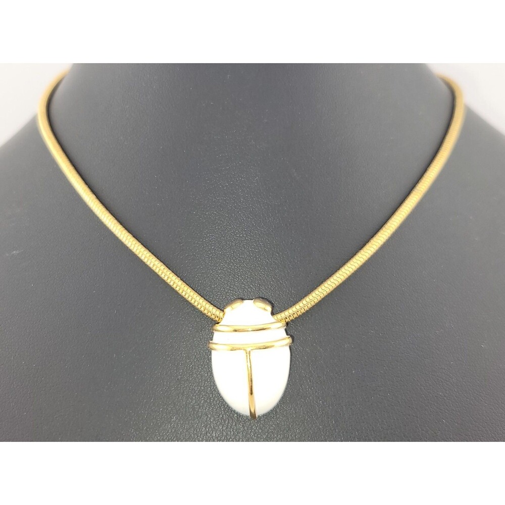 80/90s Monet White Enamel Egyptian🪲 Scarab Bug Beetle Pendant 16" Necklace